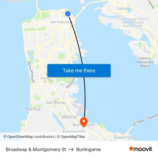 Broadway & Montgomery St to Burlingame map