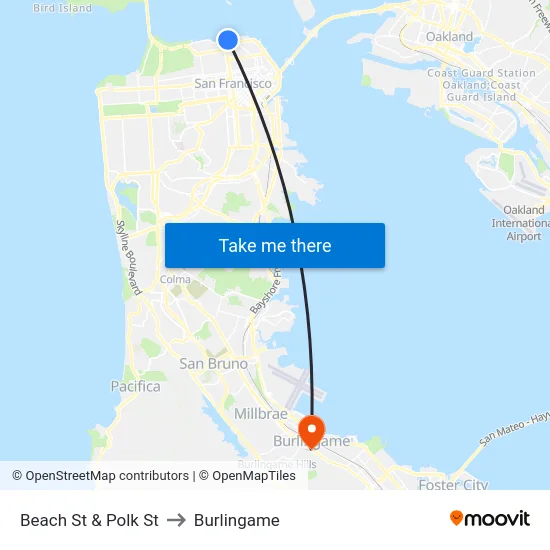 Beach St & Polk St to Burlingame map