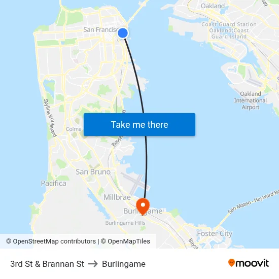 3rd St & Brannan St to Burlingame map