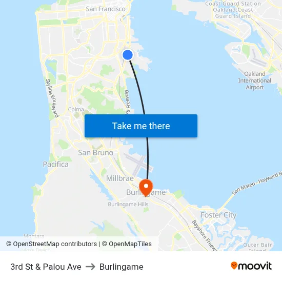 3rd St & Palou Ave to Burlingame map