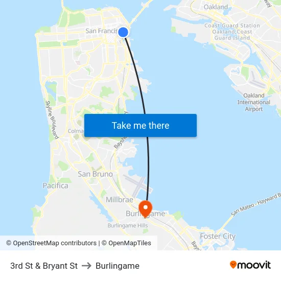 3rd St & Bryant St to Burlingame map
