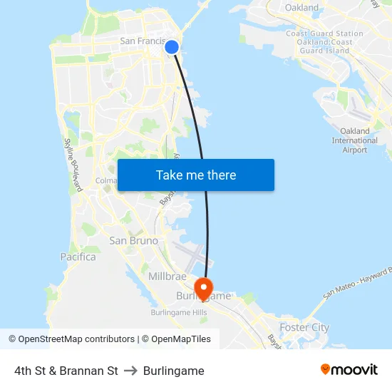 4th St & Brannan St to Burlingame map