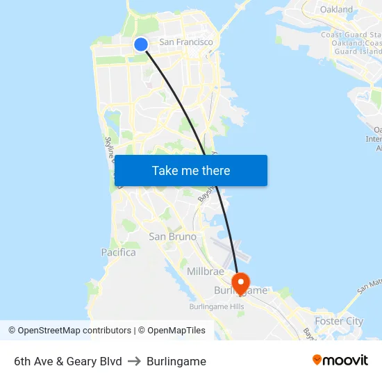 6th Ave & Geary Blvd to Burlingame map