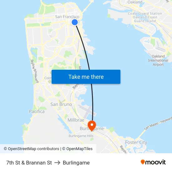 7th St & Brannan St to Burlingame map