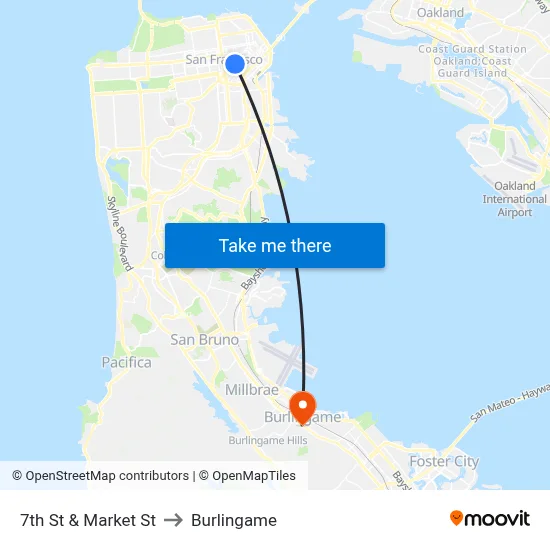 7th St & Market St to Burlingame map