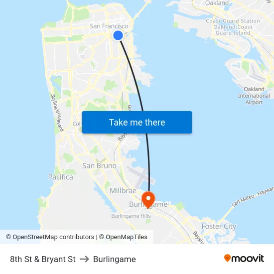 8th St & Bryant St to Burlingame map