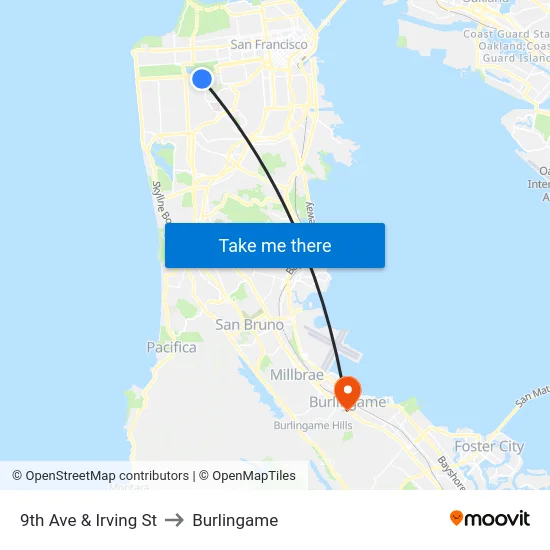 9th Ave & Irving St to Burlingame map