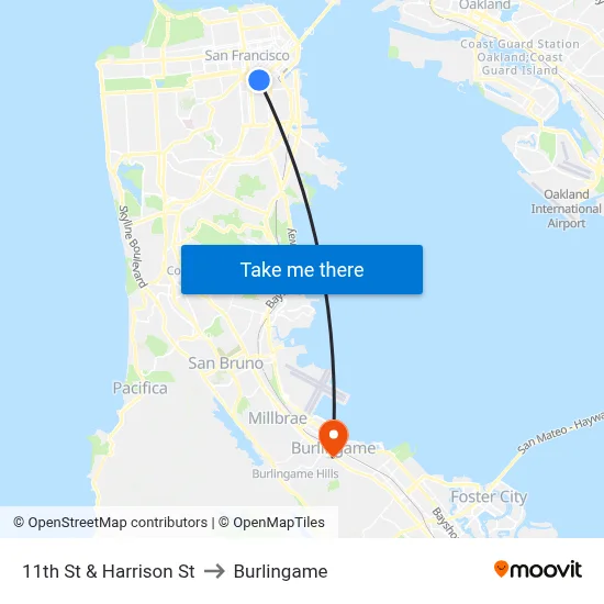 11th St & Harrison St to Burlingame map