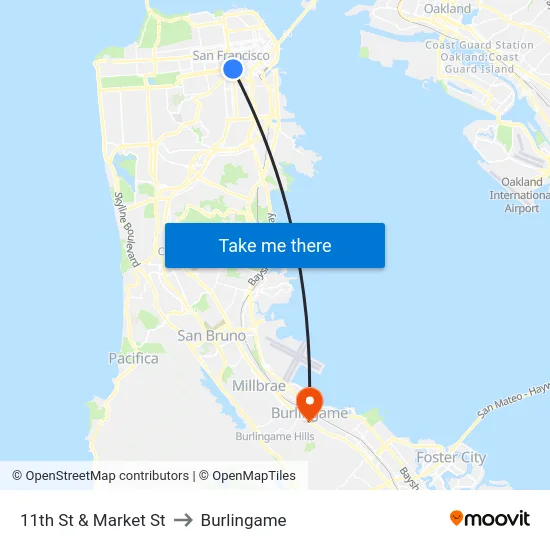 11th St & Market St to Burlingame map