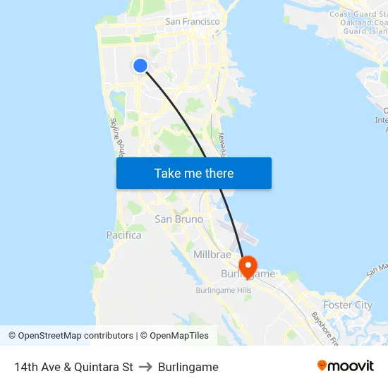 14th Ave & Quintara St to Burlingame map