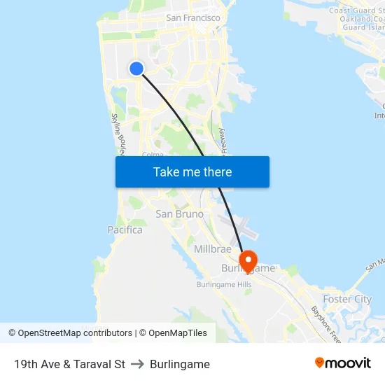 19th Ave & Taraval St to Burlingame map
