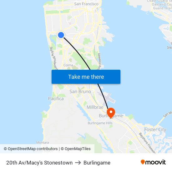 20th Av/Macy's Stonestown to Burlingame map