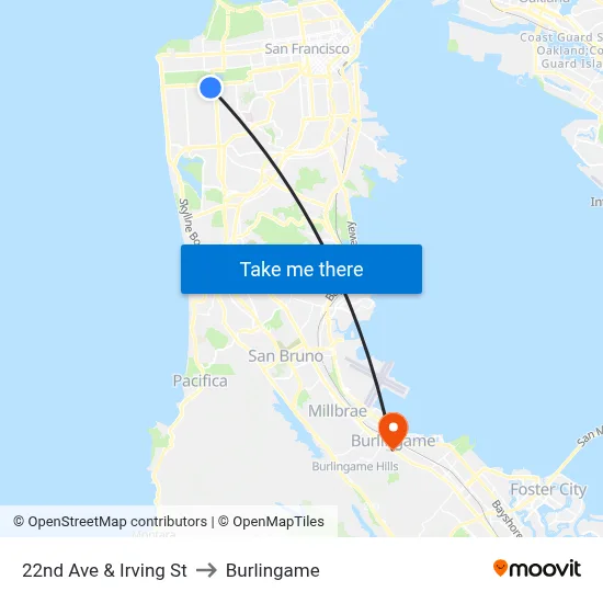 22nd Ave & Irving St to Burlingame map