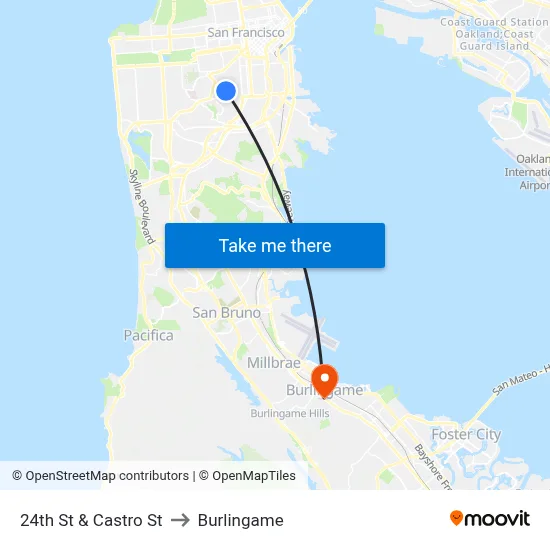 24th St & Castro St to Burlingame map