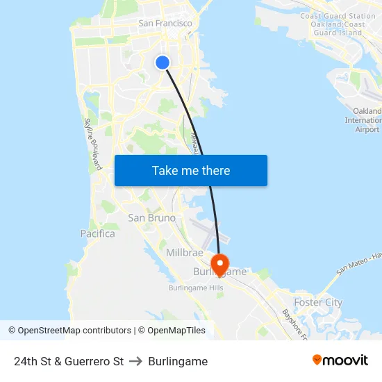 24th St & Guerrero St to Burlingame map