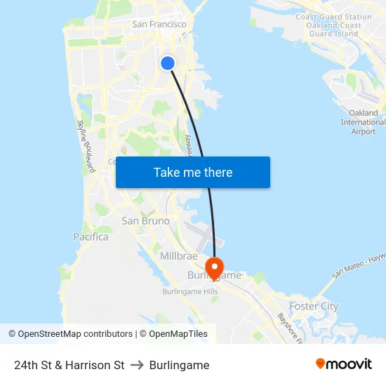 24th St & Harrison St to Burlingame map