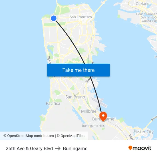 25th Ave & Geary Blvd to Burlingame map