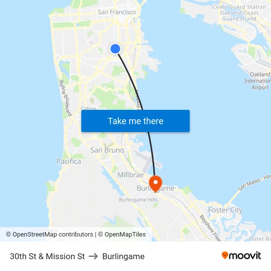30th St & Mission St to Burlingame map