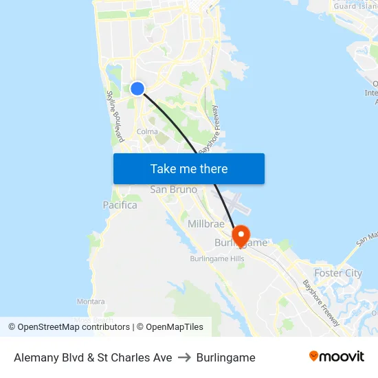 Alemany Blvd & St Charles Ave to Burlingame map