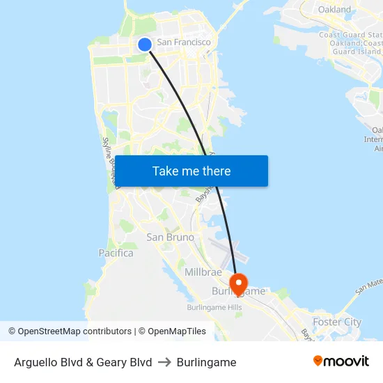Arguello Blvd & Geary Blvd to Burlingame map