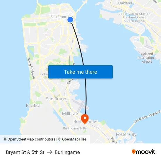 Bryant St & 5th St to Burlingame map