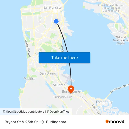 Bryant St & 25th St to Burlingame map