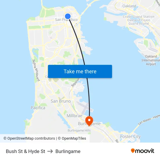 Bush St & Hyde St to Burlingame map