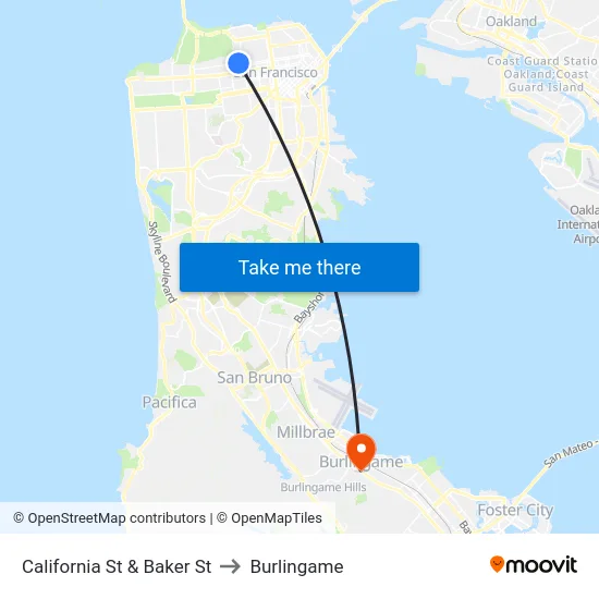 California St & Baker St to Burlingame map