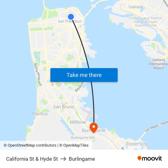 California St & Hyde St to Burlingame map