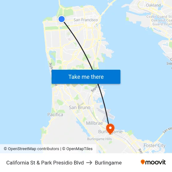 California St & Park Presidio Blvd to Burlingame map
