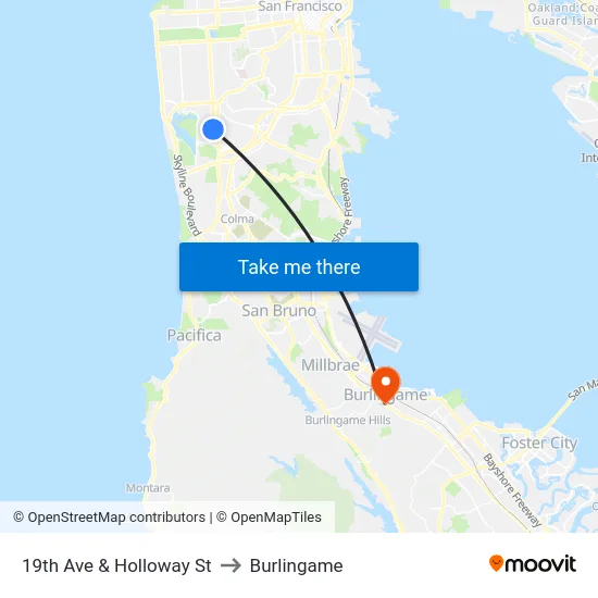 19th Ave & Holloway St to Burlingame map