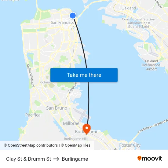 Clay St & Drumm St to Burlingame map