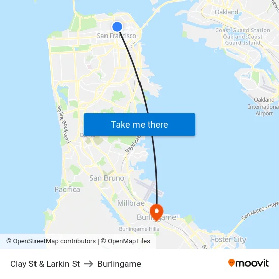 Clay St & Larkin St to Burlingame map