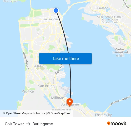 Coit Tower to Burlingame map