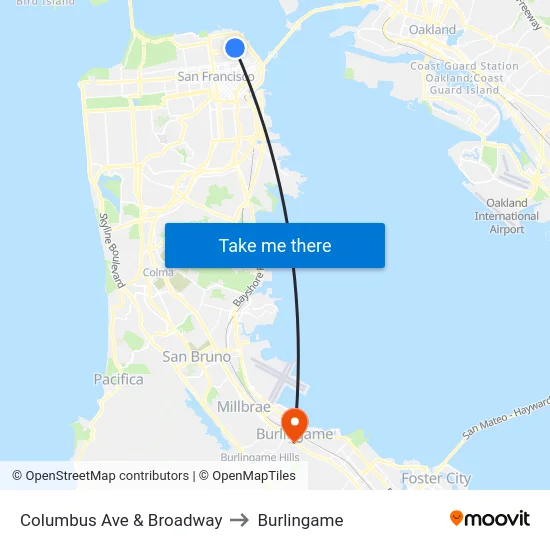Columbus Ave & Broadway to Burlingame map