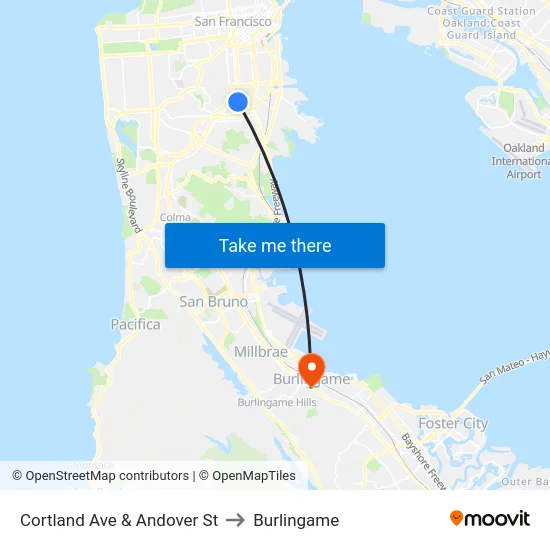 Cortland Ave & Andover St to Burlingame map