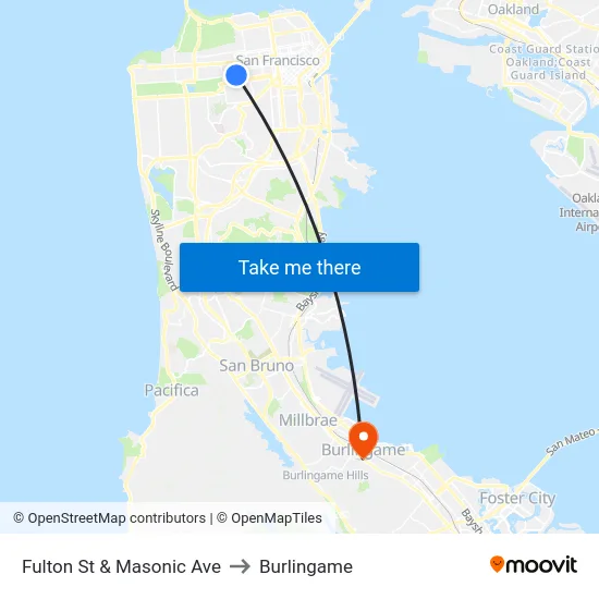 Fulton St & Masonic Ave to Burlingame map