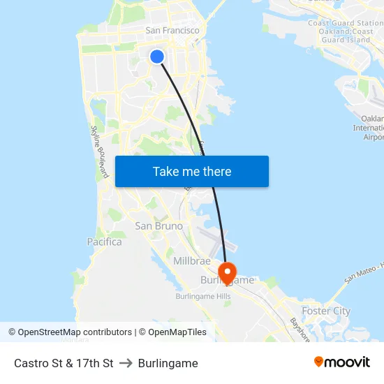 Castro St & 17th St to Burlingame map