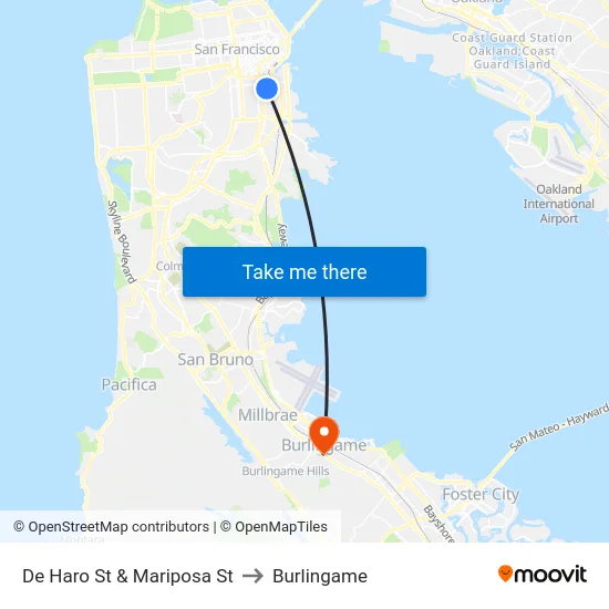 De Haro St & Mariposa St to Burlingame map