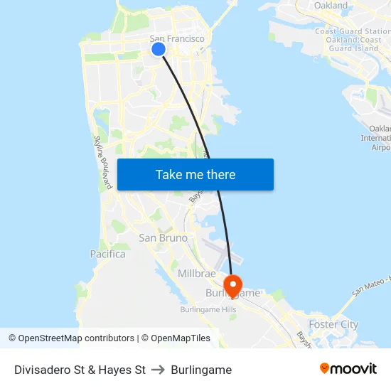 Divisadero St & Hayes St to Burlingame map