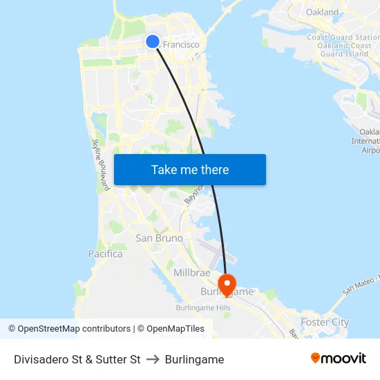 Divisadero St & Sutter St to Burlingame map