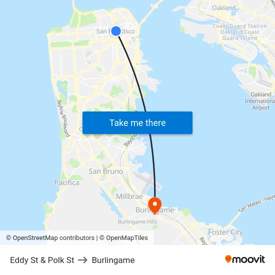 Eddy St & Polk St to Burlingame map