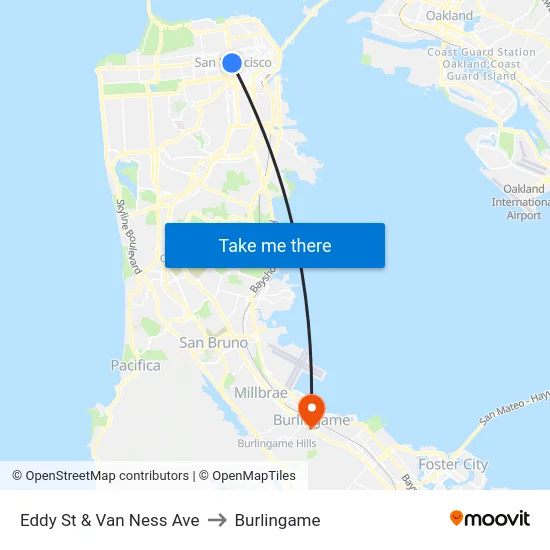Eddy St & Van Ness Ave to Burlingame map