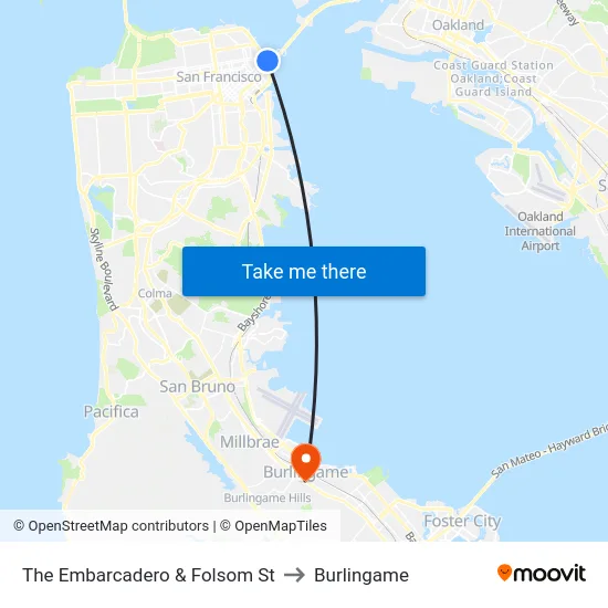 The Embarcadero & Folsom St to Burlingame map