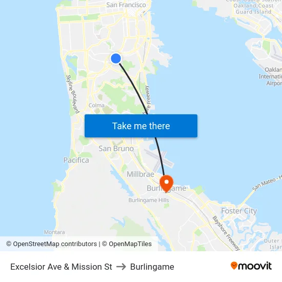 Excelsior Ave & Mission St to Burlingame map