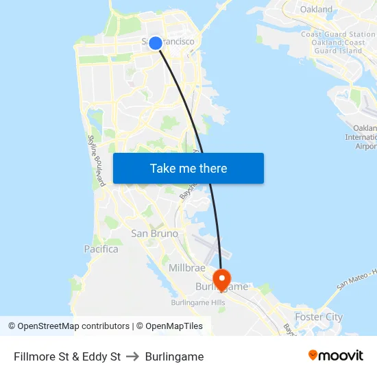 Fillmore St & Eddy St to Burlingame map