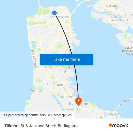 Fillmore St & Jackson St to Burlingame map