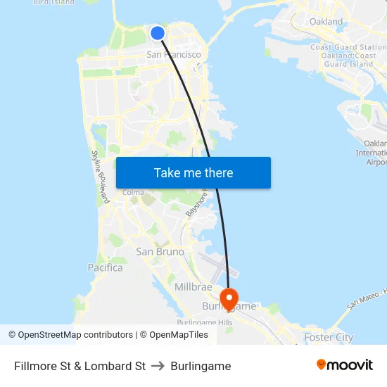 Fillmore St & Lombard St to Burlingame map
