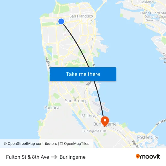 Fulton St & 8th Ave to Burlingame map