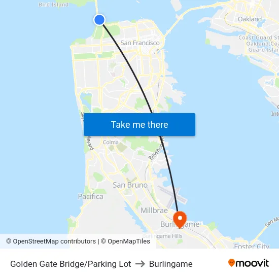 Golden Gate Bridge/Parking Lot to Burlingame map